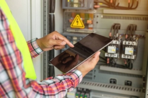 Electrician using tablet to manage electrical systems, with warning signs and circuit breakers in the background, illustrating modern electrical estimating workflow.