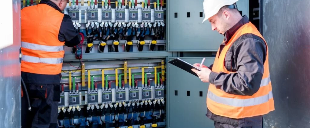 Two electrical contractors in safety vests working on a control panel, one inspecting equipment and the other taking notes, illustrating hands-on electrical estimating and project management.