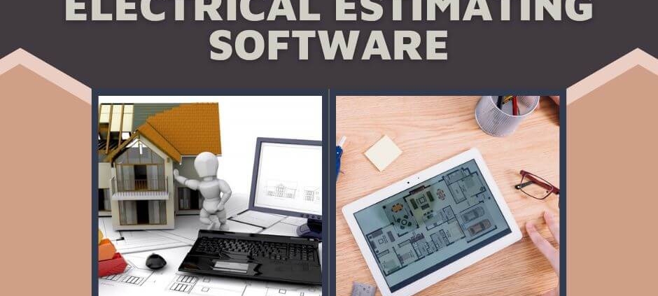 Comparison of electrical estimating software, featuring a 3D model of a house and a laptop on the left, and a tablet displaying a floor plan on the right, emphasizing modern tools for contractors.