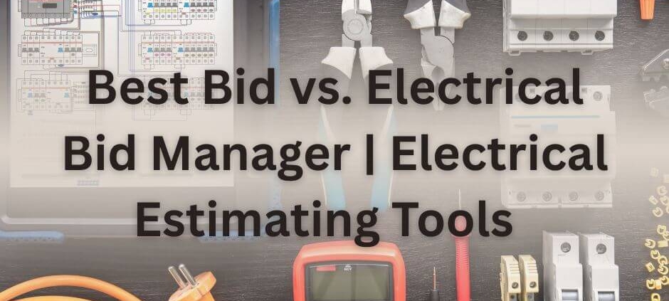 Best Bid vs. Electrical Bid Manager comparison graphic featuring electrical estimating tools, including diagrams and tools like pliers and a multimeter.