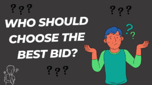 Illustration of a confused person with blue hair asking, "Who should choose the Best Bid?" against a dark background, emphasizing decision-making for electrical estimating software.
