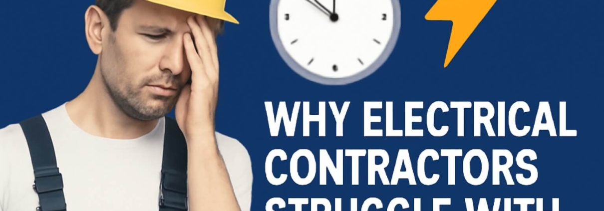 Man in a hard hat looking stressed, clock in background, text overlay "Why Electrical Contractors Struggle With," emphasizing time management challenges faced by electrical contractors.