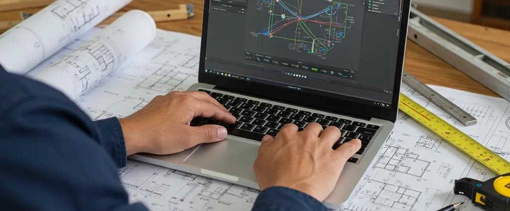 Electrician using estimating software in a residential setting with plans and tools