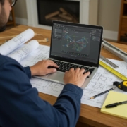 Electrician using estimating software in a residential setting with plans and tools