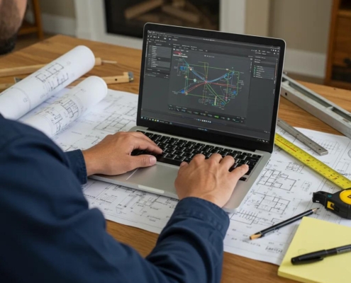 Electrician using estimating software in a residential setting with plans and tools