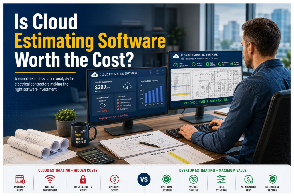 Professional electrical estimator comparing cloud estimating software and desktop electrical estimating solutions in a modern office.