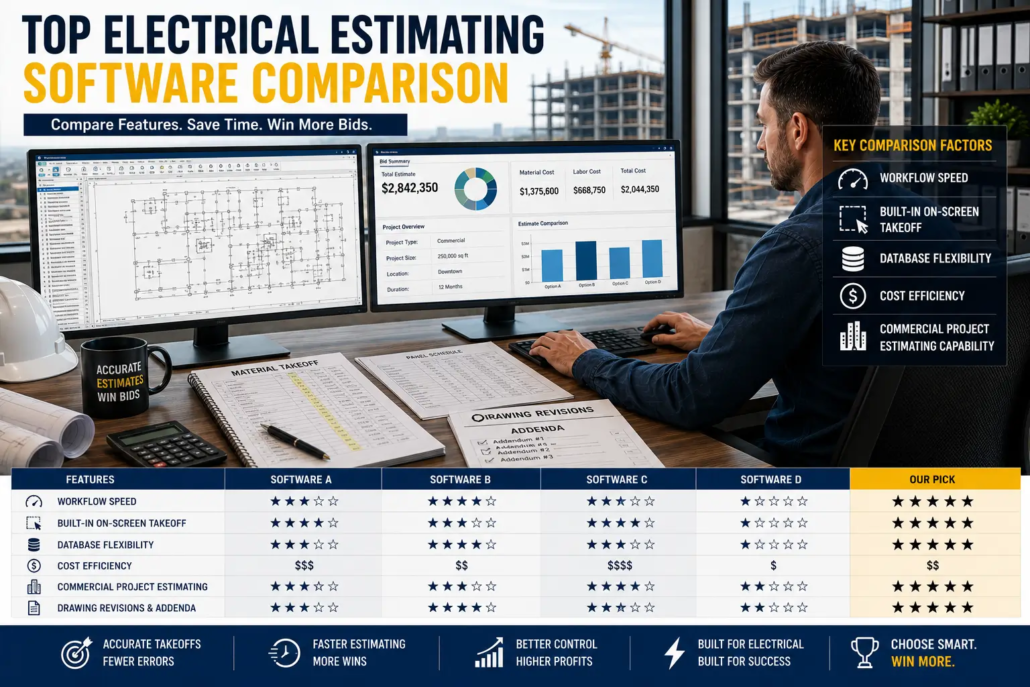 Comparison of electrical estimating software platforms used for large commercial electrical construction projects.