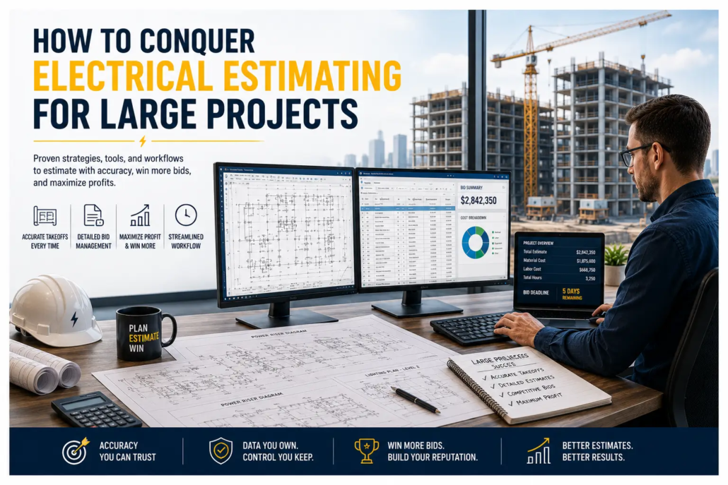 Professional electrical estimator managing large commercial project estimates using digital estimating software and electrical plans.