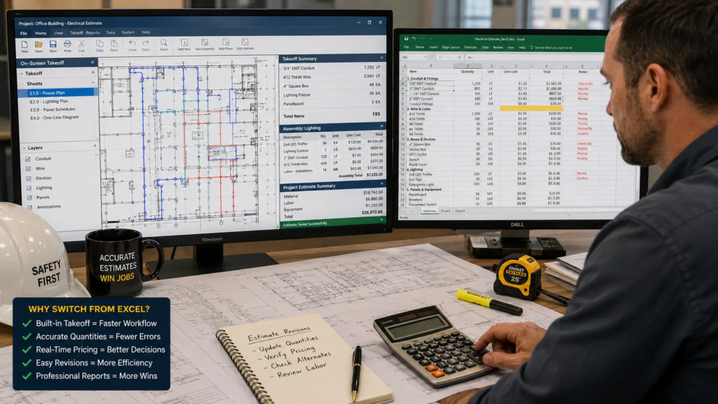 Electrical estimator reviewing blueprints beside dual monitors displaying electrical estimating software and Excel spreadsheets, illustrating improved workflow, takeoff accuracy, and easier estimate revisions in a professional office setting.