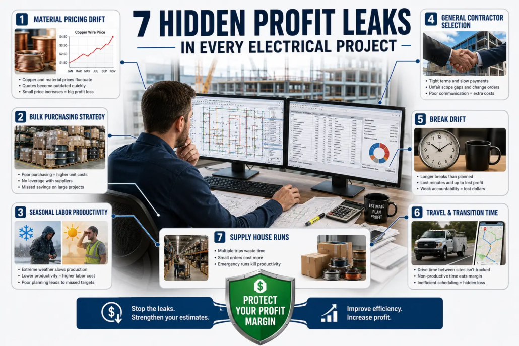 Contractor analyzing job profitability using electrical estimating software and hidden leaks