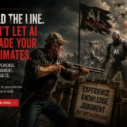 A man holding a shotgun stands defiantly against a backdrop of robotic AI figures, emphasizing human expertise.