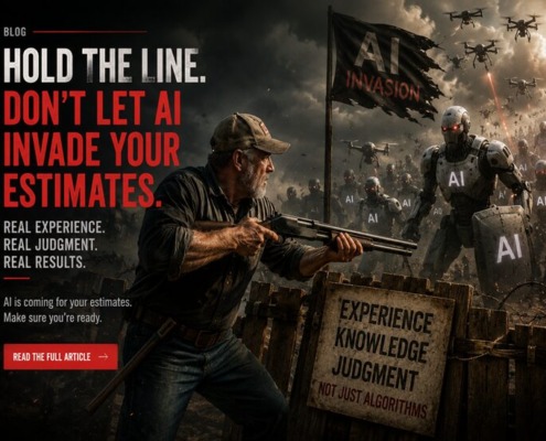A man holding a shotgun stands defiantly against a backdrop of robotic AI figures, emphasizing human expertise.