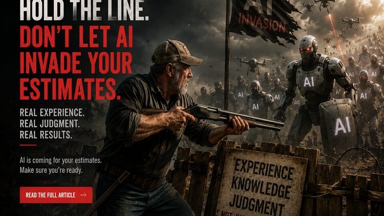 A man holding a shotgun stands defiantly against a backdrop of robotic AI figures, emphasizing human expertise.