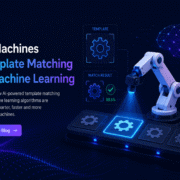 An AI robotic arm analyzing gears on a touchscreen interface displaying template matching and machine learning results.