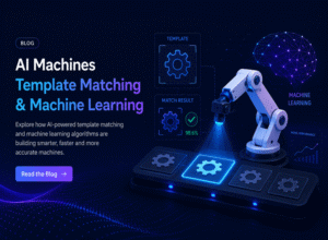 An AI robotic arm analyzing gears on a touchscreen interface displaying template matching and machine learning results.