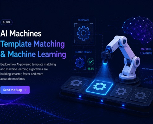 An AI robotic arm analyzing gears on a touchscreen interface displaying template matching and machine learning results.