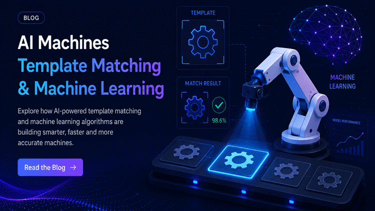 An AI robotic arm analyzing gears on a touchscreen interface displaying template matching and machine learning results.