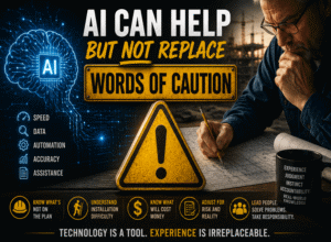 Illustration depicting AI assistance in electrical estimating with cautionary symbols.