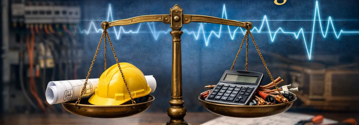A balance scale comparing a hard hat and rolled blueprints with a calculator and electrical tools, symbolizing electrical estimating.