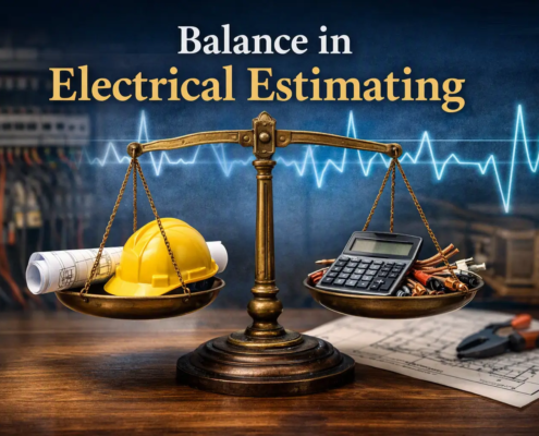 A balance scale comparing a hard hat and rolled blueprints with a calculator and electrical tools, symbolizing electrical estimating.