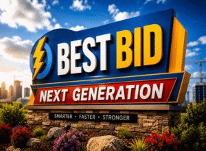 Best Bid sign featuring vibrant colors and electric theme with 'Next Generation' tagline.