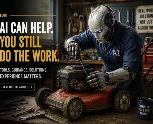 A humanoid robot repairing a lawn mower in a workshop with tools in the background.