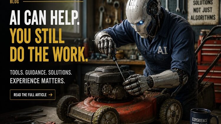 A humanoid robot repairing a lawn mower in a workshop with tools in the background.