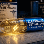Bright blue capsule labeled 'Electrical Estimating Magic Pill' with icons highlighting benefits on a construction blueprint.