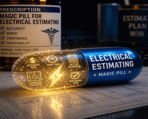 Bright blue capsule labeled 'Electrical Estimating Magic Pill' with icons highlighting benefits on a construction blueprint.