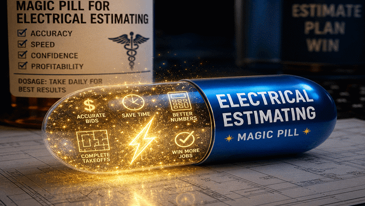 Bright blue capsule labeled 'Electrical Estimating Magic Pill' with icons highlighting benefits on a construction blueprint.