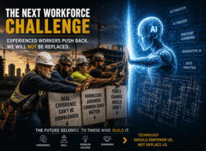 Construction workers advocating for the value of human experience against AI automation.