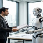 Human-Robot Interaction in Office A man in a suit handing plans to a humanoid robot in an office setting.