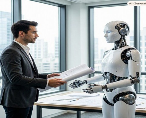 A man in a suit handing plans to a humanoid robot in an office setting.