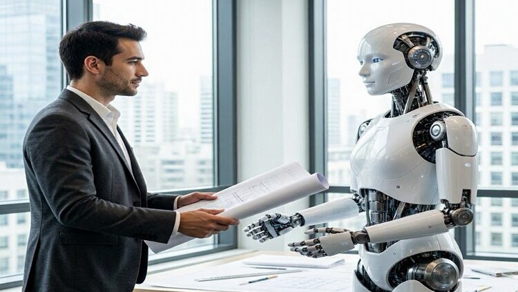 A man in a suit handing plans to a humanoid robot in an office setting.