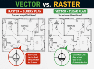 Comparison of vector and raster graphics illustrating clarity differences in floor plan images.