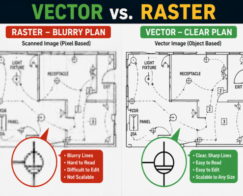 Comparison of vector and raster graphics illustrating clarity differences in floor plan images.