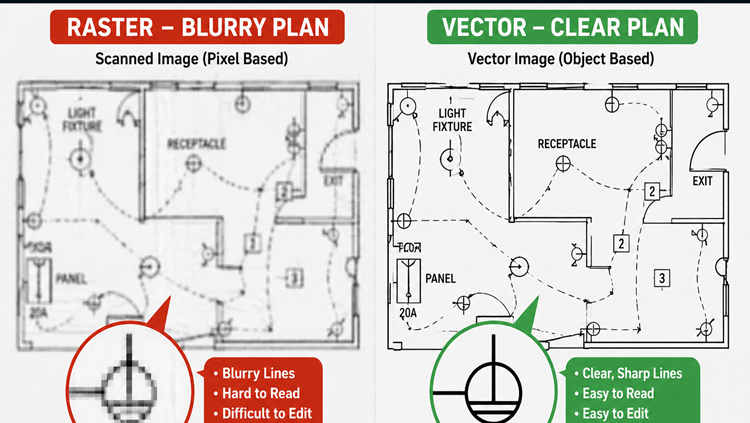 Comparison of vector and raster graphics illustrating clarity differences in floor plan images.
