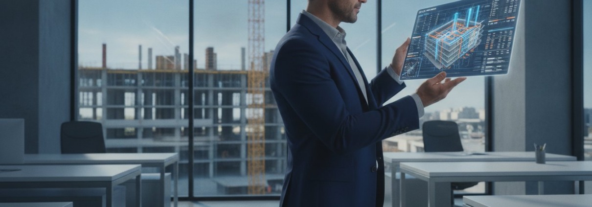 A contractor examining a digital building model in a modern office overlooking a construction site.
