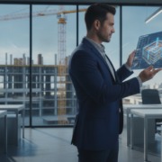 A contractor examining a digital building model in a modern office overlooking a construction site.
