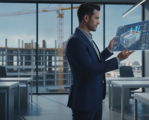 A contractor examining a digital building model in a modern office overlooking a construction site.