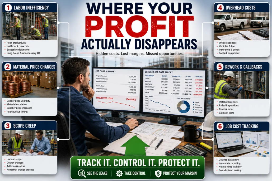 Electrical contractor reviewing job costs after completing a project