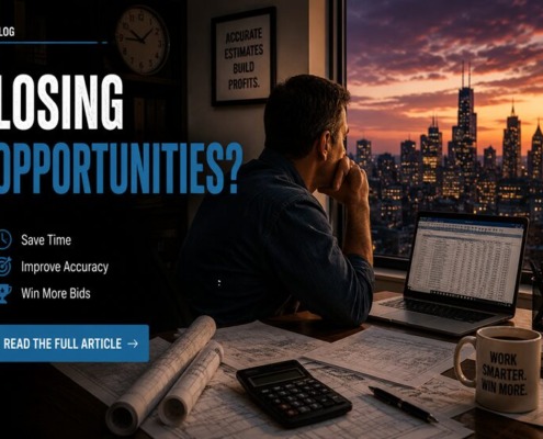 Man contemplating business decisions while looking at city skyline at sunset, surrounded by documents and a laptop.