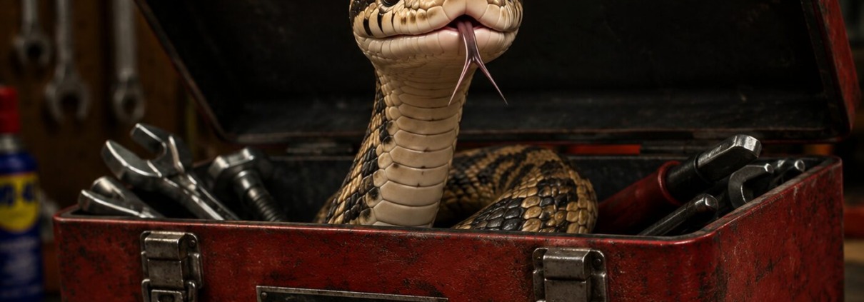 A snake with a patterned body peeks out from a red toolbox filled with various tools.