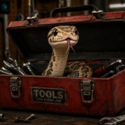 A snake with a patterned body peeks out from a red toolbox filled with various tools.