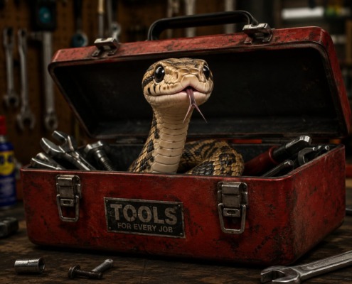 A snake with a patterned body peeks out from a red toolbox filled with various tools.