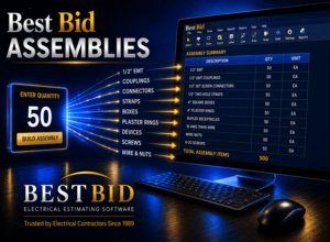 Screenshot of Best Bid software Assembliesdisplaying assembly items for electrical estimating.