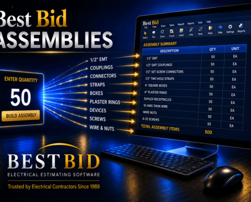 Screenshot of Best Bid software Assembliesdisplaying assembly items for electrical estimating.