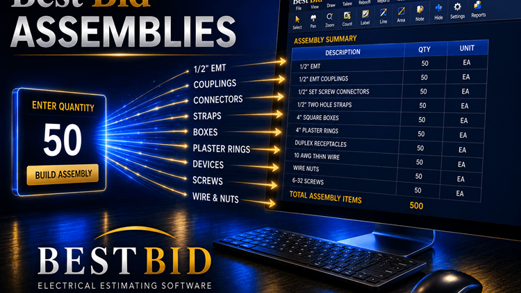 Screenshot of Best Bid software Assembliesdisplaying assembly items for electrical estimating.