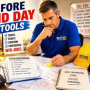 A focused man reviewing documents with construction tools and a checklist for bid day preparations.