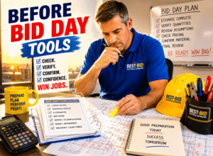 A focused man reviewing documents with construction tools and a checklist for bid day preparations.